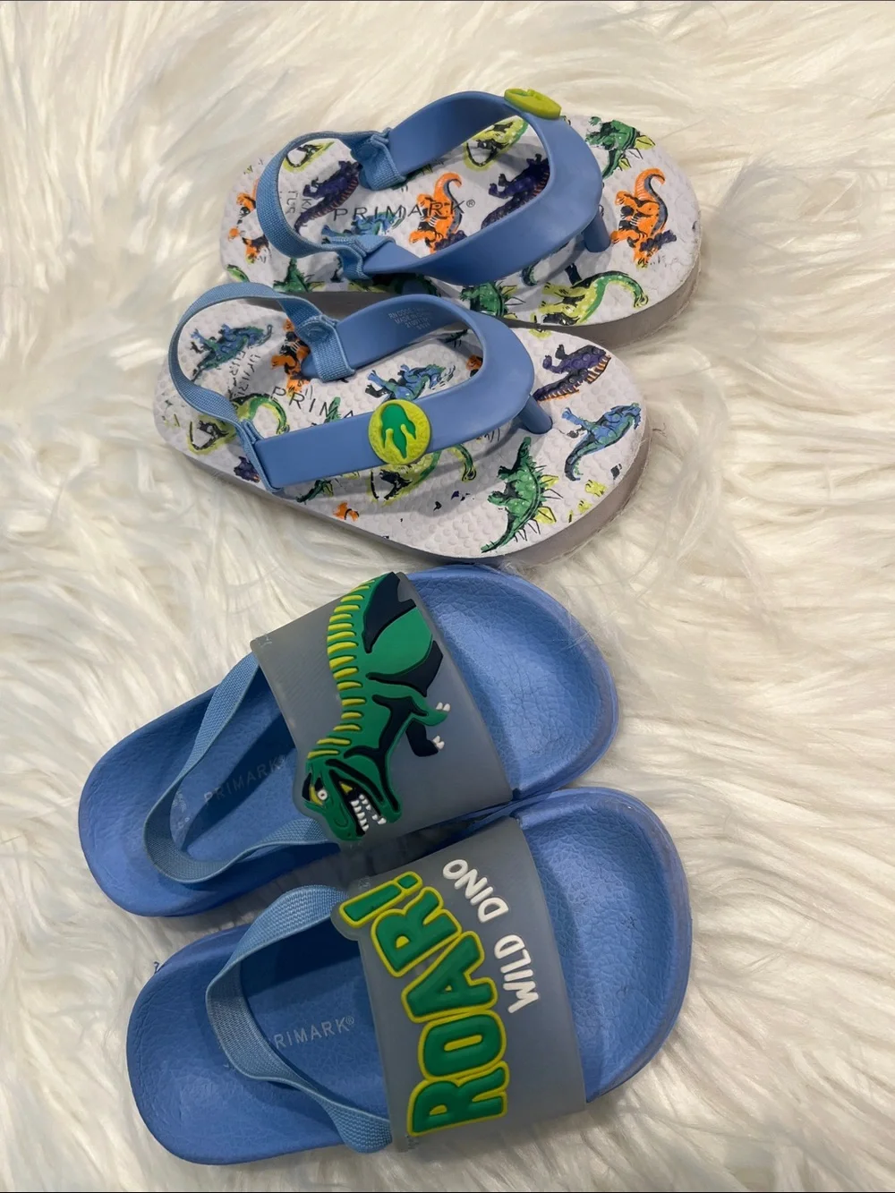 5/$35 2 used pair of Blue Dino Kids Slide Sandals - one is a size 7 & other 5/6